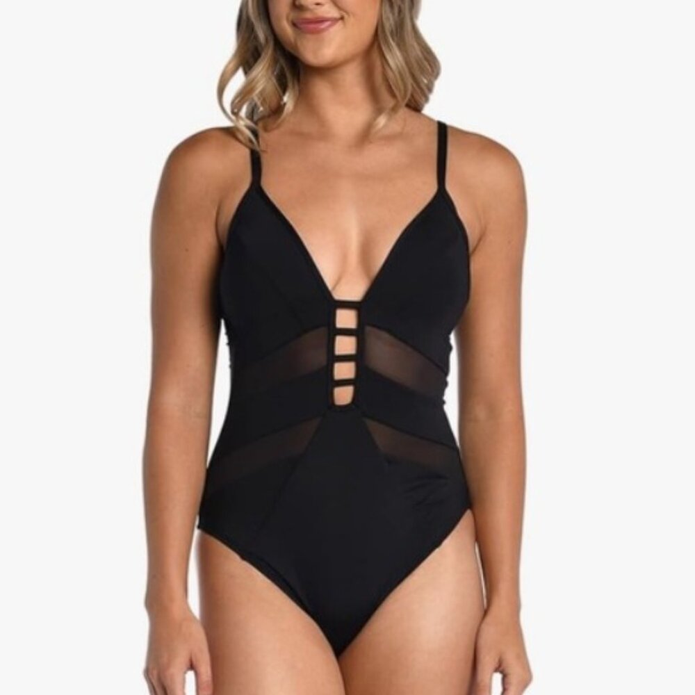 AMAVI Black Plunge One Piece Swimsuit Mesh Inset Molded Cups Size L NWT